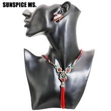 Sunspice ms pedra natural africano contas conjunto de jóias feminino étnico casamento brincos redondos longo charme colar de corrente indiano bijoux 2024 - compre barato