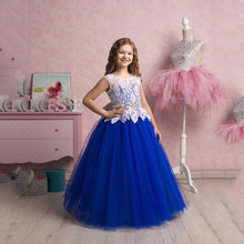 Azul real flor menina vestido crianças pageant branco renda apliques baile de formatura princesa formal ocassion meninas comunhão sagrada vestido 2024 - compre barato