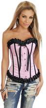 Sexy Bustier Pink Satin Ribbon Corset with Shiny Silk Bow Ribbons 3S3032 Free Shipping Pink Corset with 2 Black Vertical Stripes 2024 - buy cheap