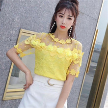 Women Lace Blouse 2019 Summer Sweet Dot Floral Hollow Out Lace Shirt Female Short Sleeve Mesh Blouses Blusas Short Tops AB1407 2024 - buy cheap