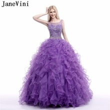 JaneVini-vestido de baile de lujo, quinceañera púrpura, cuello redondo, cuentas pesadas, Organza, volantes escalonados, princesa dulce 16 vestidos 2024 - compra barato