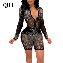 QILI Women Diamonds Rhinestone Long Sleeve Mesh Jumpsuit Summer Rompers Black Pink Sexy See Through Zipper Bodycon Rompers New 2024 - buy cheap