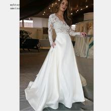 Long Sleeve Wedding Dress 2020 V Neck A Line Appliques Lace Top Satin Skirt Wedding Gown With Pocket Custom Made Bride Dress 2024 - buy cheap