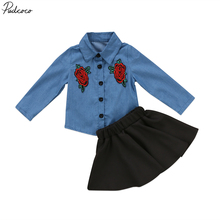 Helen115 conjunto de roupas de meninas 1-6 anos, roupas floridas de denim + saia preta 2024 - compre barato