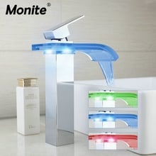 Monite LED кран для ванной комнаты, латунный хромированный светодиодный кран для водопада, водопроводный кран, светодиодный смеситель для 3 вида цветов, кран для замены 2024 - купить недорого