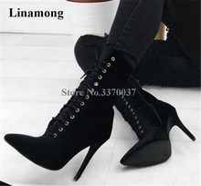 Women Classical Style Pointed Toe Black Suede Leather Thin Heel Short Boots Lace-up High Heel Ankle Boots Formal Dress Shoes 2024 - buy cheap