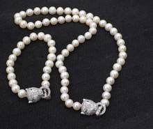 NEW freshwater pearl white near round 8-9mm necklace bracelet leopard clasp 18" set 2024 - buy cheap