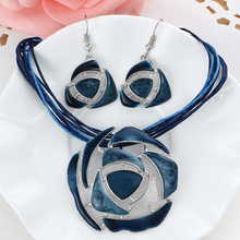 retro blue enamel round hollow pendant necklace bridal wedding jewelry sets for women lucite drop earrings sets 2024 - buy cheap