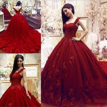 2020 wine Red wedding dress lace spaghetti straps Sweetheart Appliques Beaded Ball Gown court Train Bridal Dress wedding gown 2024 - buy cheap