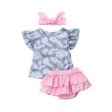 Милый наряд с фламинго, рубашка для маленьких девочек, топ, шорты, повязка на голову, комплект одежды для новорожденных 2024 - купить недорого