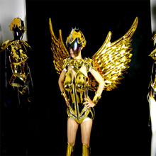 ES004, trajes de bailarina de salón, trajes de escenario con alas, vestido de espejo dorado, mono, traje de actuación de dj, ropa de danza del vientre, Cosplay, discoteca 2024 - compra barato