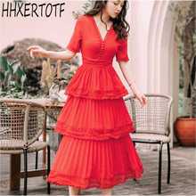 Vestido plisado de gasa para mujer, vestido largo ajustado de encaje con volantes en cascada, color rojo, pasarela, Verano 2024 - compra barato