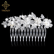 TREAZY Silver Color Pearl Crystal Floral Hair Combs Wedding Tiara Flower Hair Pins Women Hair Jewelry Bridal Hair Accessories 2024 - buy cheap