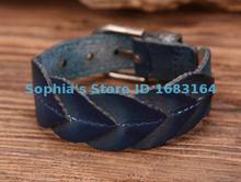 G83 Blue Delicate Leaf Texture Top Grain Cow Leather Wristband Bracelet Cuff Mens 2024 - buy cheap