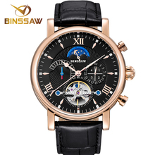 BINSSAW Mens Automatic Mechanical Watch Leather Business Stainless Steel Waterproof Men Luxury Sports Watches Relogio Masculino 2024 - buy cheap
