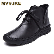 MVVJKE 2019  Winter Warm Women Boots Soft Genuine Leather Flat Ankle Boots For Women Booties Handmade Lace Up Mar Boots 2024 - buy cheap