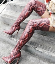Spring New Brand Woman Python Snake Skin Pu Stiletto Heels Pointed Toe Slim Over The Knee Thigh Long Boots Burgundy Plus Size 2024 - buy cheap