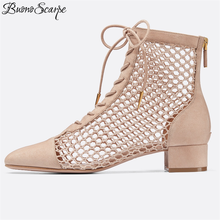 Women Brand Design Front Lace Up Mesh Ankle Boots Chunky Heels Cross Ties Sexy Ankle Boots Women Summer Shoes Botas Mujer Mesh 2024 - buy cheap