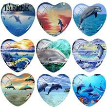 TAFREE Blue Sea Dolphins Heart Shape DIY Glass Cabohcon Art Picture Demo Flat Back Making Findings For Bracelets Keychains 2024 - buy cheap