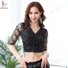 Accesorios de danza del vientre para mujer, ropa de práctica, Top con cuello en V, lentejuelas, flecos, Media manga, disfraz de danza del vientre, 5 colores 2024 - compra barato