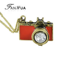FANHUA Individual Jewelry Vintage Style White Rhinestone Cute Red Enamel Camera Pendant Necklace 2024 - купить недорого