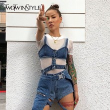 TWOTWINSTYLE Sexy Hollow Out Vest For Women Off Shoulder Button Slim Denim Crop Tops Female Fashion Clothes 2020 Summer New 2024 - buy cheap