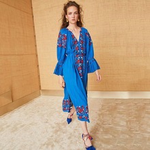 Vestido bohemio con bordado Floral para mujer, ropa azul de Ucrania, manga larga, con escote en V y borlas, holgada, primavera y verano, 2019 2024 - compra barato
