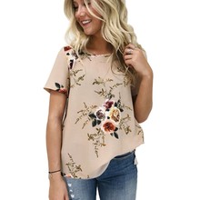 Camiseta de verão feminina gola redonda casual, chiffon, manga curta, estampada 2024 - compre barato
