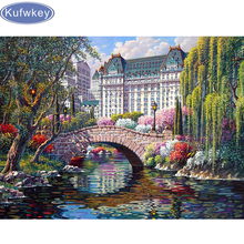 Pintura de diamantes de imitación de mosaico, decoración de bordado, kit de punto de cruz, Cuadrado y redondo, paisaje "puente en una ciudad" 2024 - compra barato