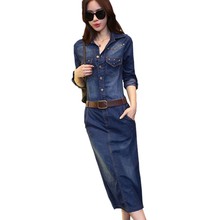 Korean Long sleeve denim dress women 2018 new casual jeans long dress with button plus size sarafans Vestido feminino dresses 2024 - buy cheap