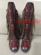 Botas de piel bordadas de estilo nacional para mujer, botines hasta la rodilla con borlas de caballero, fotos reales, talla grande, personalizables 2024 - compra barato