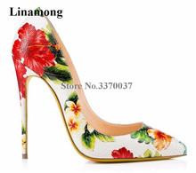 New Fashion Women Pointed Toe Mix-colors Flowers Printed Stiletto Heel Pumps 12cm Floral High Heels Formal Dress Shoes Wedding 2024 - buy cheap