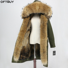 Oftbuy jaqueta de inverno feminina, casaco longo com gola de guaxinim, à prova d'água, gola com capuz 2024 - compre barato