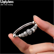 Uglyless 1Pair Buddhism Six-word Beads Bracelets for Childrens Gifts Luxury 99% Full Silver Bangles Push-pull Adjustable Bangle 2024 - buy cheap