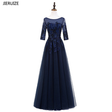 JIERUIZE Dark Navy Blue Beaded Long Evening Dresses 2018 A-line Half Sleeves Elegant Formal Dresses Luxury Mother Dresses 2024 - buy cheap