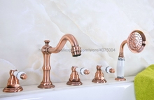 Antique Red Copper Bathroom Tub Faucet Deck Mounted W/ Hand Shower Sprayer 3 Handles 5 holes Ntf224 2024 - buy cheap