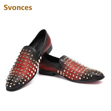Genuine Leather Mens Casual Shoes Luxury  Fashion Red Yellow Gold Rivets Loafers Comfortable Zapatillas Designer Brand Flats Man 2024 - buy cheap