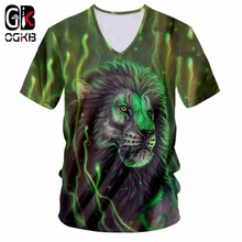 OGKB Men Tshirt With V Neck Cool Print Lion King 3d T-shirts Man Bodybuilding Fitness Workout Casual T Shirt Quick Dry Tees 7XL 2024 - buy cheap