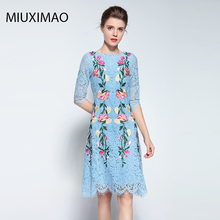 Famous brand Runaway 2018 Newest  Spring Fashion Slim Elegant  Ebroidery Rose Flower Vintage Casual Blue  Long Lace Dress Women 2024 - buy cheap