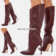 ALMUDENA Women Wine Red Coffee Matte Knee High Boots Luxurious Stiletto Heels Dress Shoes Long Boots Sexy High Boots Dropship 2024 - buy cheap