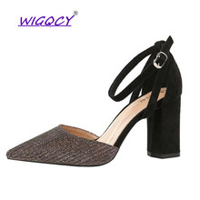 Sequined pointed high heels pumps women shoes 2019 Autumn Summer Fashion thick with shallow mouth Buckle with Hollow Party shoes 2024 - buy cheap