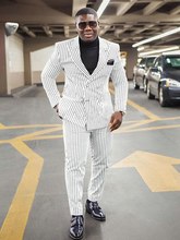 Fashionable Double Breasted White Stripe Groom Tuxedos Peak Lapel Groomsmen Mens Wedding Suits Blazers (Jacket+Pants+Tie) W:629 2024 - buy cheap