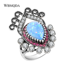 Женское кольцо на палец с большим Синим Опалом, винтажное ювелирное изделие серебристого цвета с кристаллами в форме короны, яркое кольцо 2024 - купить недорого