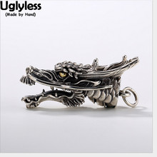 Pingente de dragão prata 100% real uglin, colar sem corrente artesanal cabeça de animal tailandês joias finas de prata 2024 - compre barato