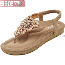 SIKETU shoes woman flat sandals PU Korean version sandals Bohemia Flower Rhinestone student Women's shoes Flat shoes 2024 - buy cheap