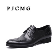 Мужские черные/коричневые оксфорды PJCMG, деловые строгие мужские туфли на шнуровке с острым носком и резьбой из натуральной кожи, Мужская Свадебная обувь 2024 - купить недорого
