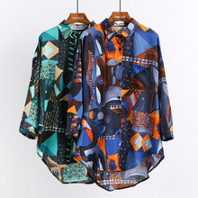 Retro Graffiti chiffon shirt geometric Pattern long-sleeved Blouses loose summer in  long lapel Cardigan Single-breasted Tops 2024 - buy cheap