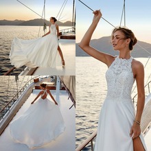 2019 A Line Wedding Dresses Jewel Sleeveless High Side Split Satin Dreams Bridal Gowns Custom Made Sweep Train Wedding Dress 2024 - buy cheap