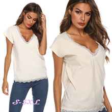 New Summer Women Lace Patchwork Blouse Shirt Casual Deep V Neck Tops Sexy White Pink Blouse Ladies Hollow Blouses Plus Size 5XL 2024 - buy cheap