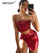 Articat Sexy PU Leather Split Bodycon Dress Women Off Shoulder Strapless Two Piece Summer Dress Club Party Mini Dresses Vestidos 2024 - buy cheap